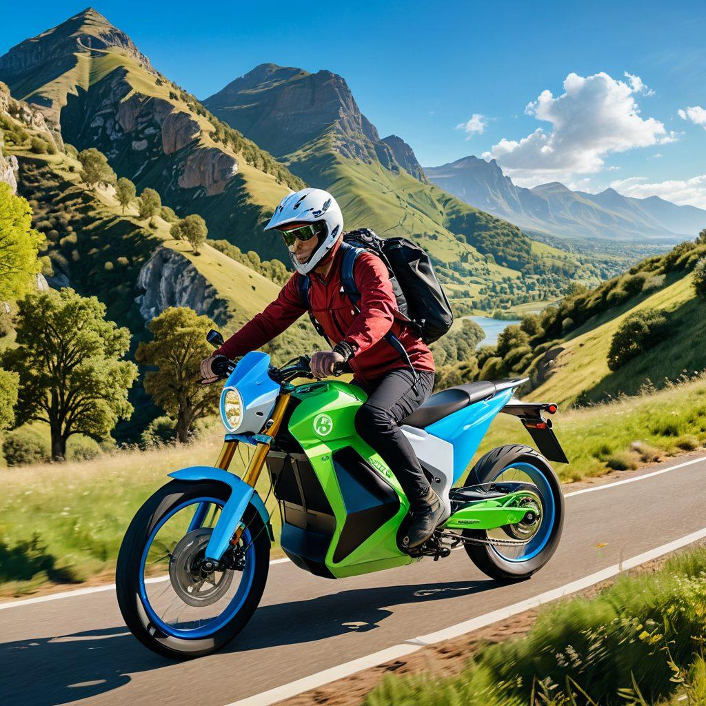 An adventurous person confidently riding an electric bike through a scenic landscape, showcasing various insurance symbols like shields and checkmarks floating around them. The background should feature vibrant green hills and a clear blue sky, representing freedom and peace of mind. Include a warm sunlight glow to symbolize confidence. super-realistic. vibrant colors. outdoor setting.