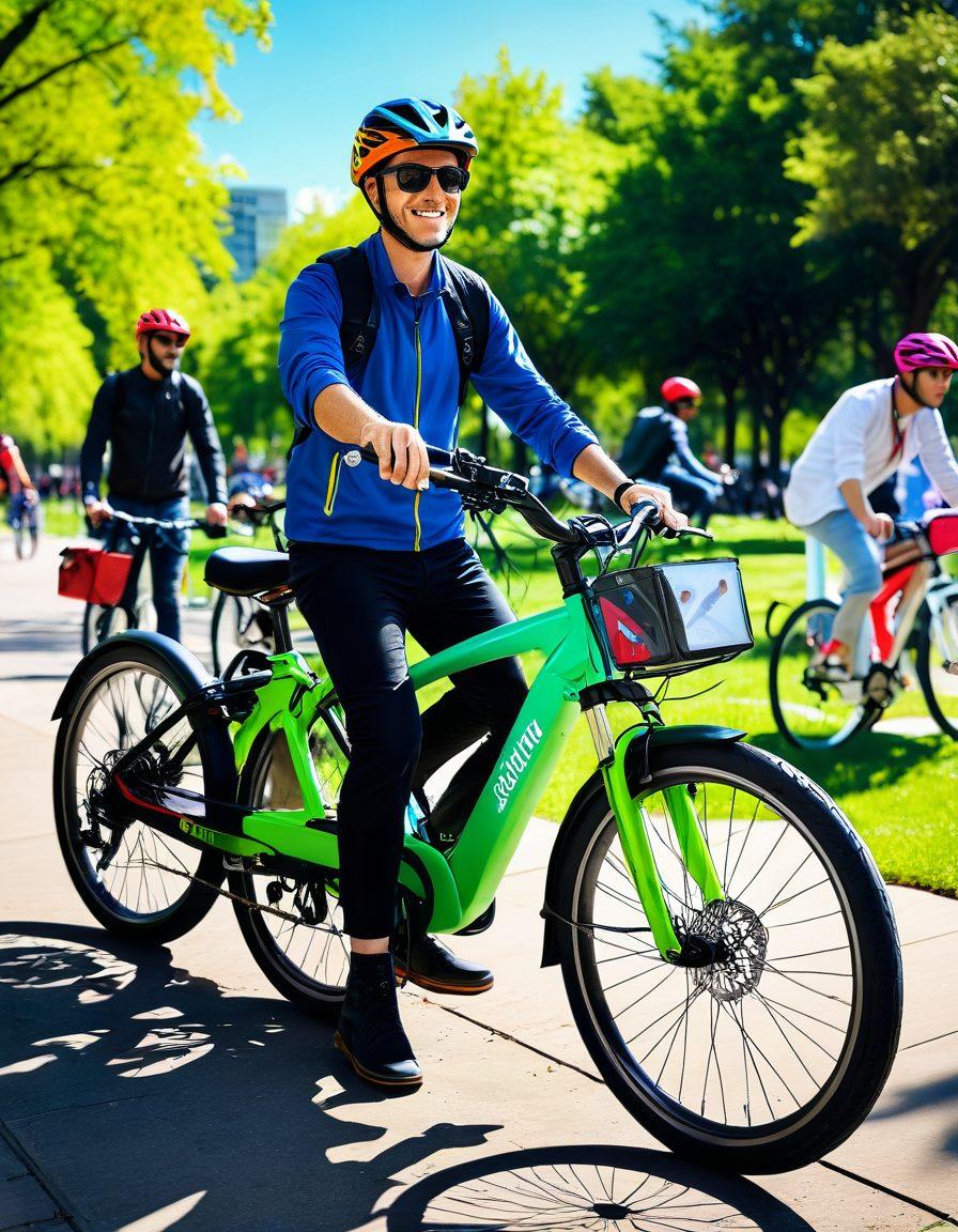 A dynamic scene of a vibrant electric bike parked in a sunny urban park, showcasing an array of protective gear like helmets and locks nearby. In the background, a diverse group of riders enthusiastically discussing insurance options, with charts and infographics related to bike insurance displayed prominently. The atmosphere is energetic, conveying safety and community spirit among electric bike users. bright colors, super-realistic, illustrative.
