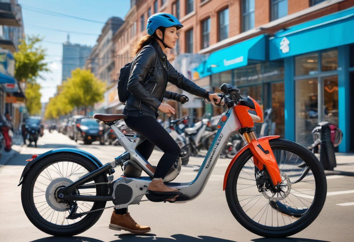 A vibrant cityscape with diverse e-bikes parked at a digital charging station, featuring secure locks and protective covers. In the foreground, a confident rider wearing a helmet inspects their e-bike, while safety icons float around them, symbolizing insurance benefits. The background showcases a clear blue sky and busy streets filled with happy riders, conveying a sense of security and freedom. super-realistic. vibrant colors. dynamic composition.
